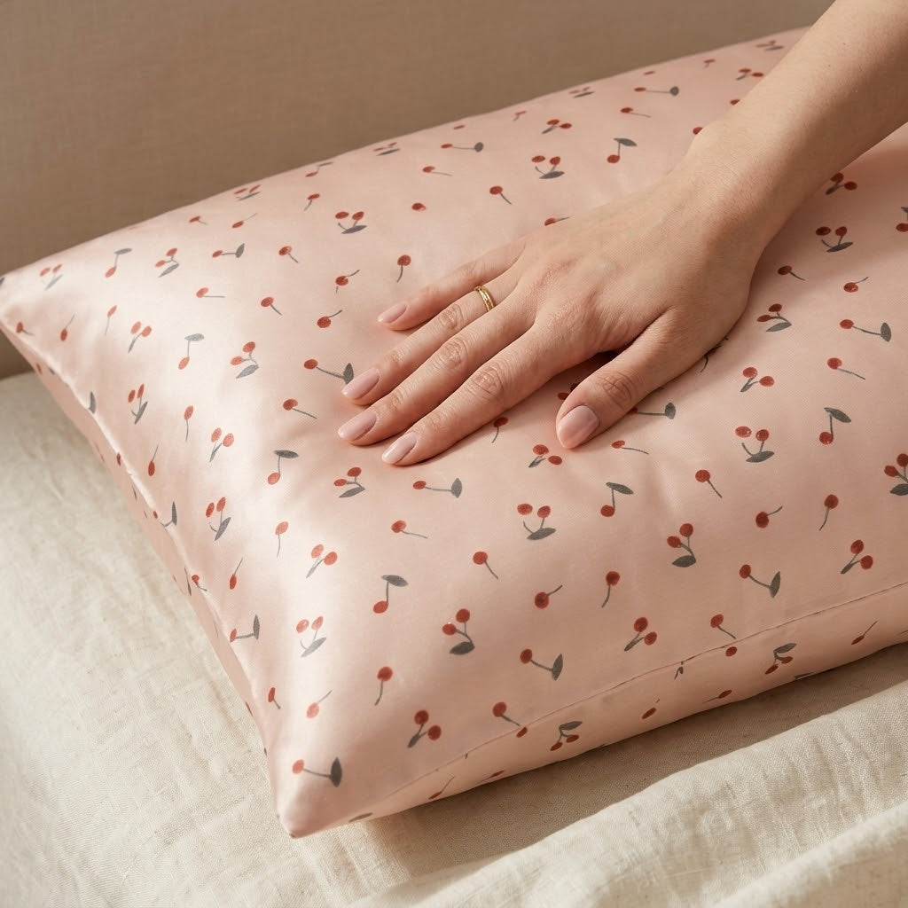Playful Cherry Print Satin Pillowcase with Draped Accent and Gift Box
