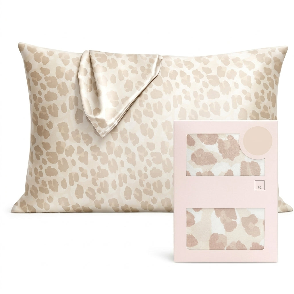 Champagne Leopard Print Satin Pillowcase with Draped Accent and Gift Box