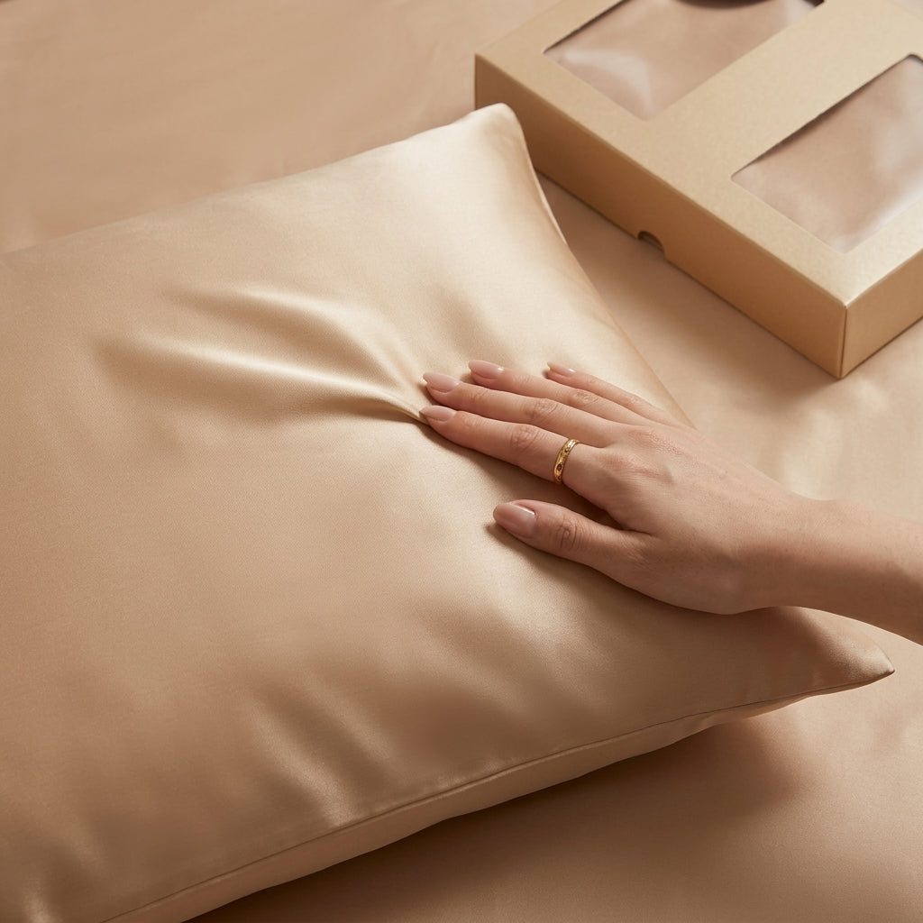 Rose Gold Silk Pillowcase with Unique Necktie Draping Detail