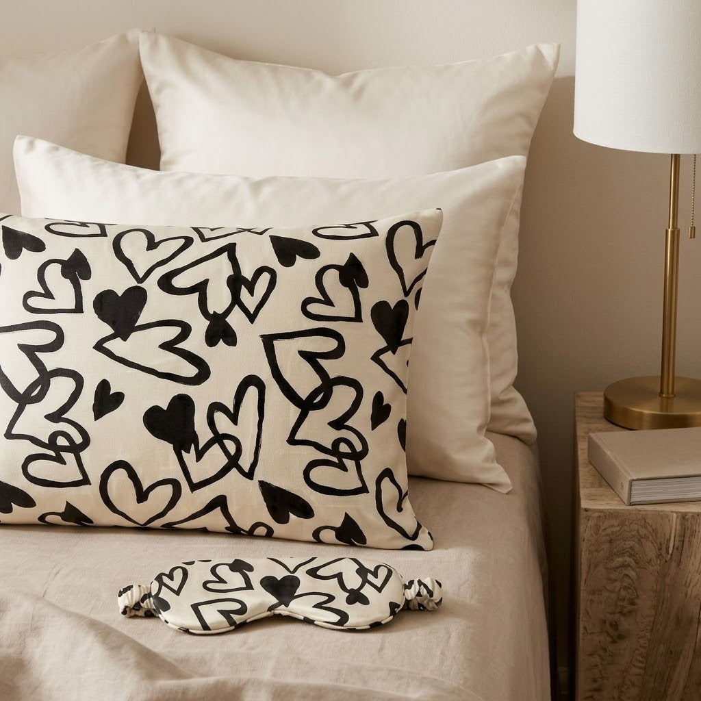 Graphic Heart Print Satin Pillowcase with Draped Detail and Gift Box