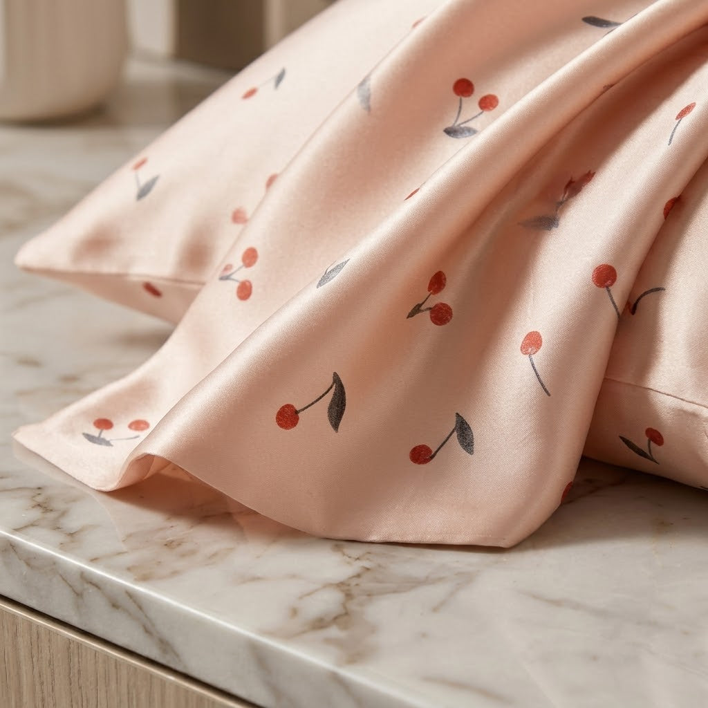 Playful Cherry Print Satin Pillowcase with Draped Accent and Gift Box