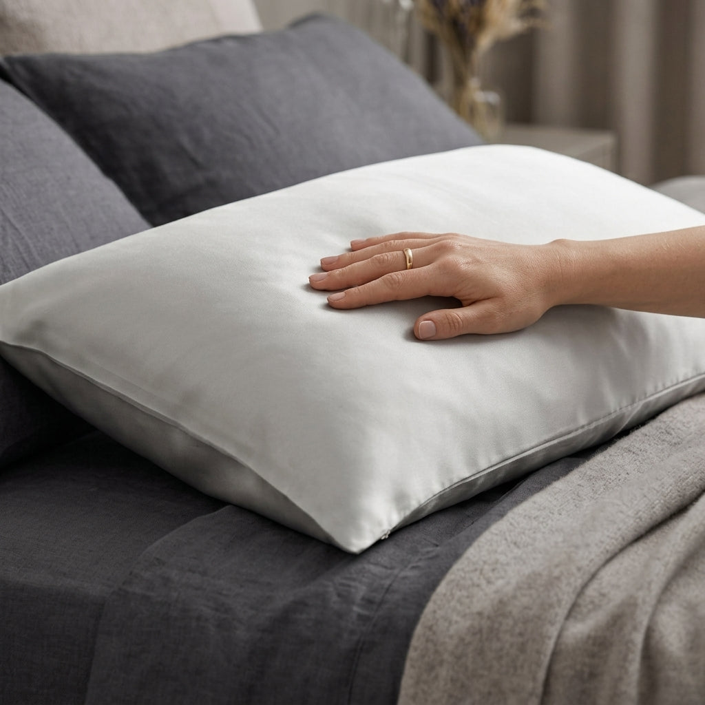 Luminous Radiant Silver Satin Pillowcase with Elegant Draped Detail and Matte Pink Gift Box