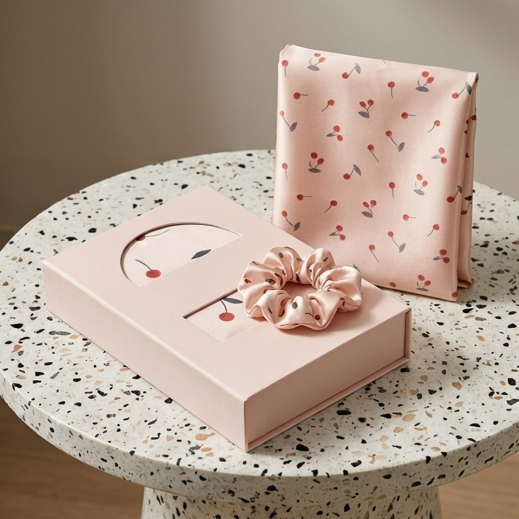 Playful Cherry Print Satin Pillowcase with Draped Accent and Gift Box