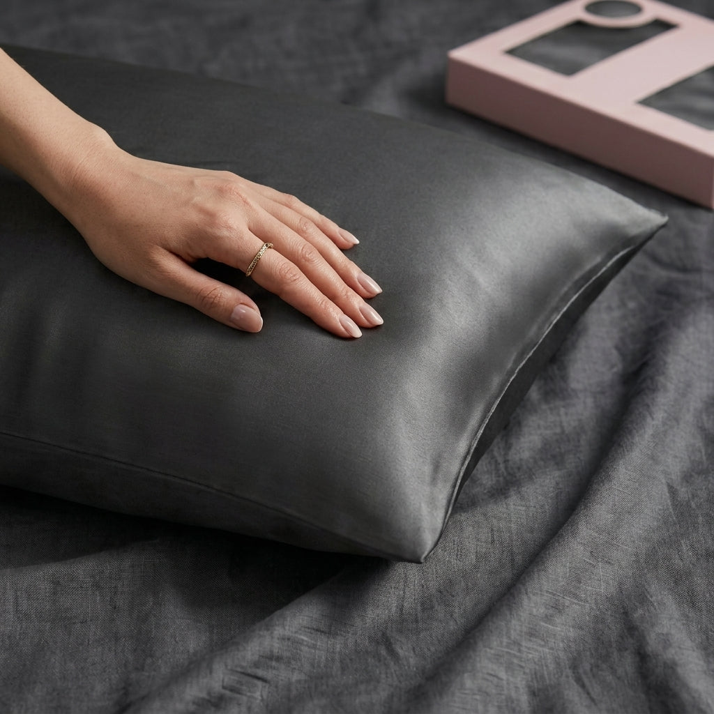 Gemini said Elegant Black Satin Pillowcase with Draped Accent and Designer Gift Box