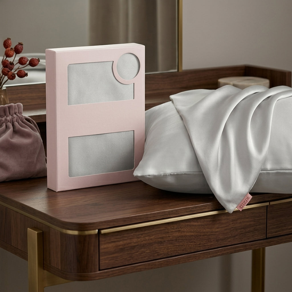 Luminous Radiant Silver Satin Pillowcase with Elegant Draped Detail and Matte Pink Gift Box
