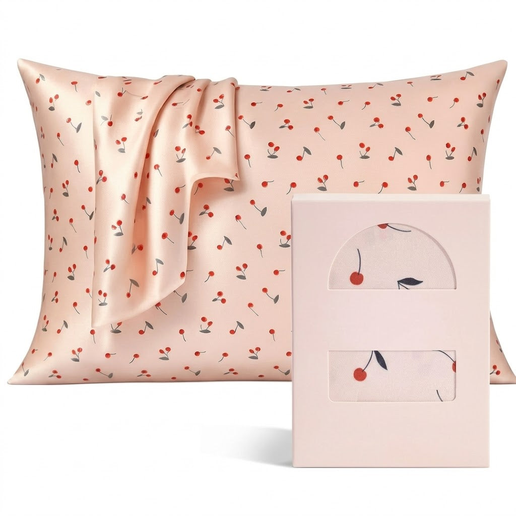 Playful Cherry Print Satin Pillowcase with Draped Accent and Gift Box