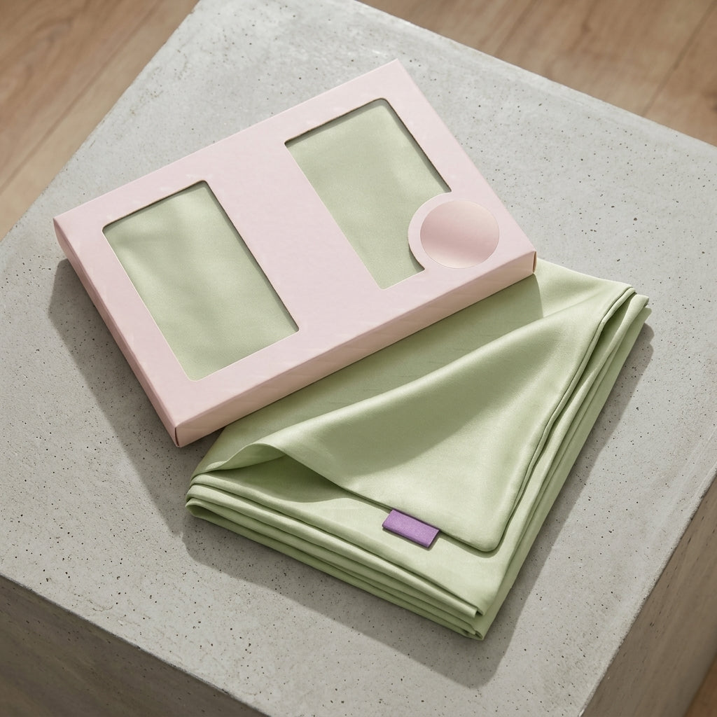 Soft Sage Green Satin Pillowcase with Draped Accent and Gift Box