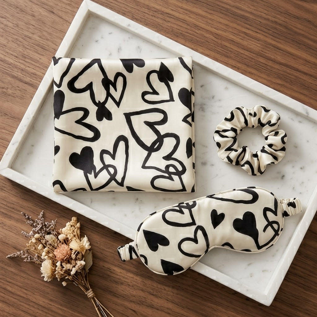 Graphic Heart Print Satin Pillowcase with Draped Detail and Gift Box
