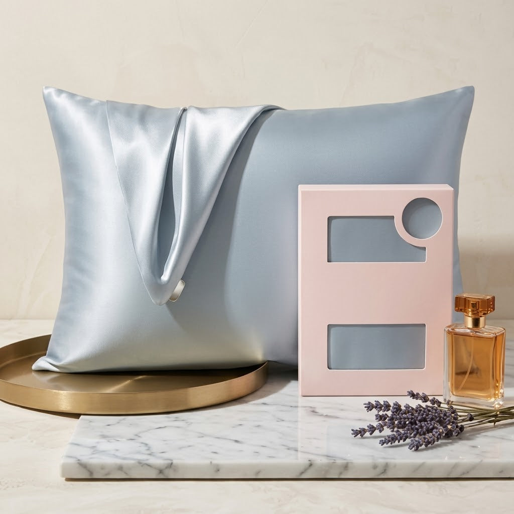 Icy Blue Satin Pillowcase with Elegant Draped Detail and Designer Gift Box