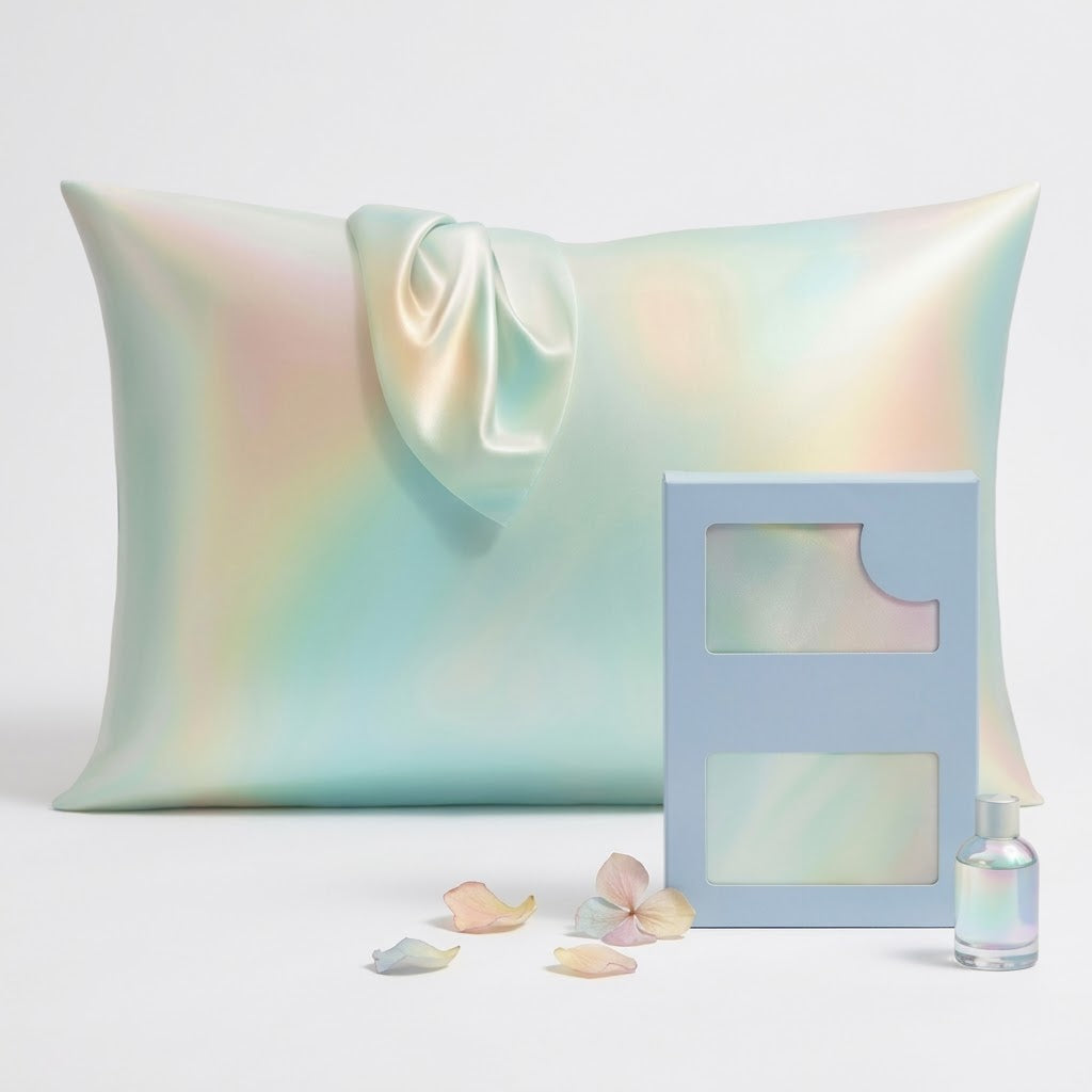 Pearl Iridescent Satin Pillowcase with Scarf Detail and Gift Box